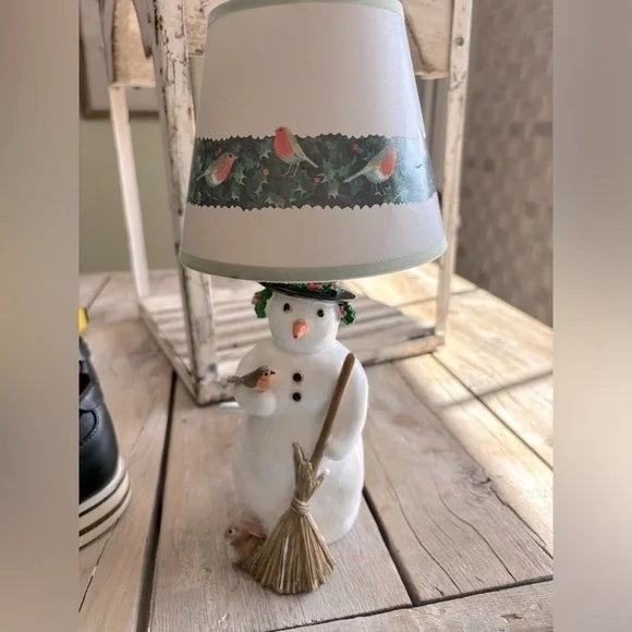 Morjolein Bastin Snowman Lamp & Shade Holly/Rabbit/Bird/Winter 11”T Whimsical - Picture 3 of 10